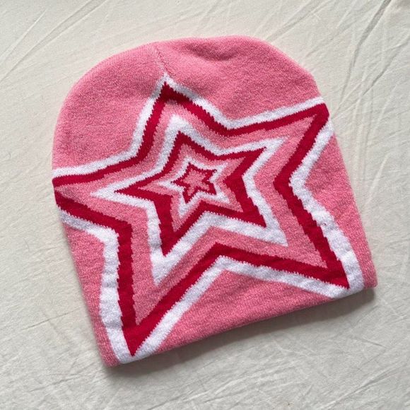 Y2K 2000s grunge punk pink and red star design beanie - Picture 2 of 6